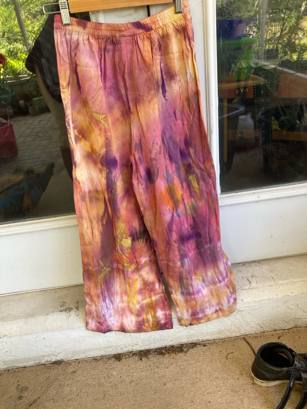 Hand Crafted Wide Leg Tie-Dye Pants in Purple, Gold, Pink - Picture 8 of 9